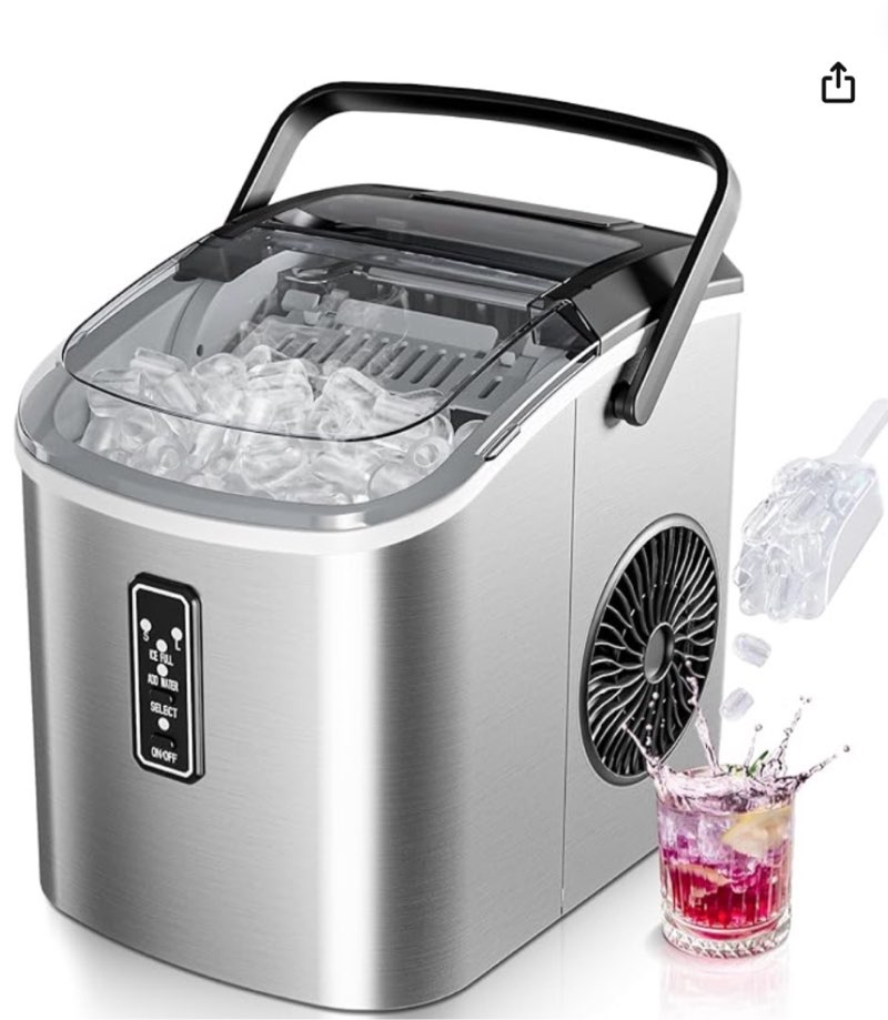 euhomy ice maker countertop with carry handle, 9 cubes ready in 6 mins, 26.5lbs/24h, self-cleaning, 2 sizes of bullet ice with basket and scoop, portable ice maker machine for home, kitchen, office