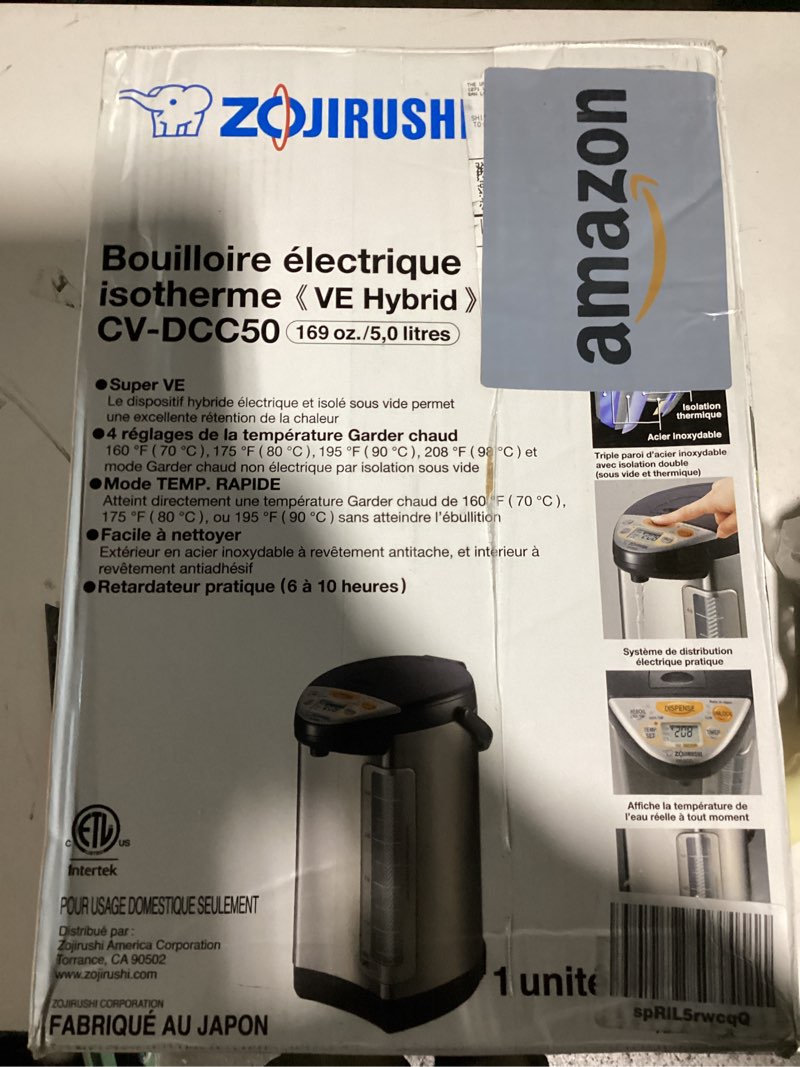 Condition photo showing New/Like New for zojirushi cv-dcc50 ve hybrid water boiler & warmer, 5.0 liter (169oz. dark brown) stainless dark brown 5.3 quarts