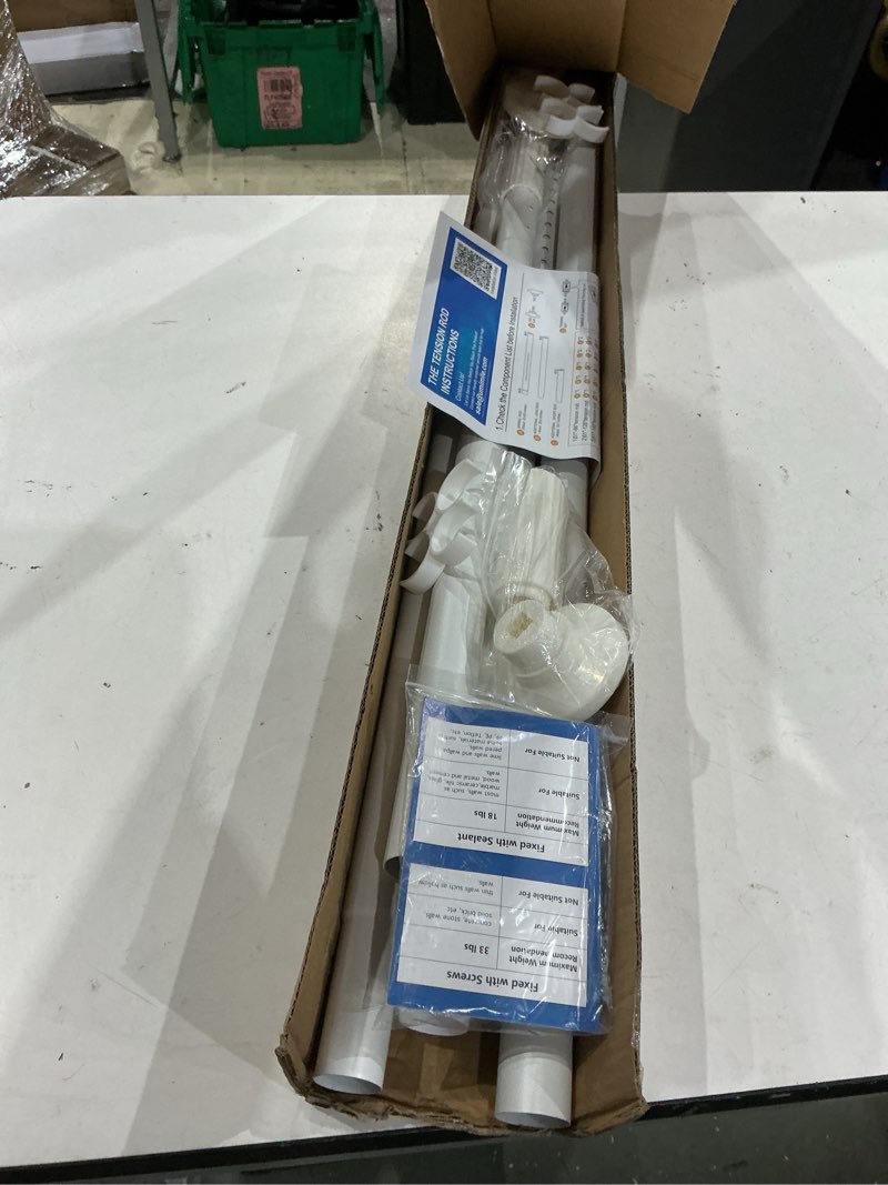 Condition photo showing As Is for heavy duty spring tension rod,32-45" room divider tension curtain rod, shower curtain rods,windows curtain rods,no drilling, non-fall down spring tension rod,adjustable room divider white 32-45 inch white