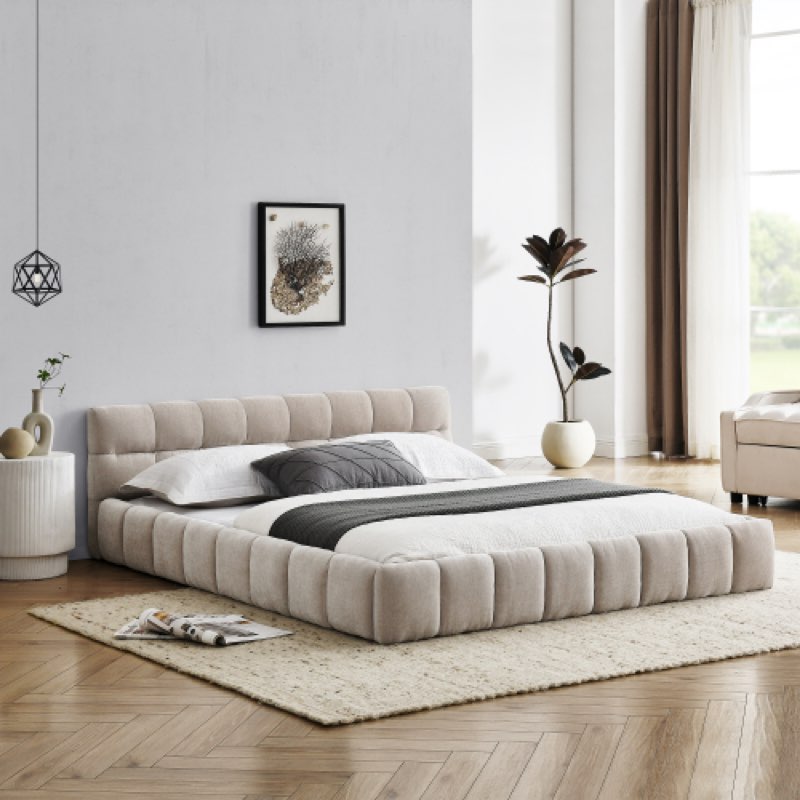 Queen Size Upholstered Bed Frame with Thick Fabric, Chenille Fabric Grounded Queen Size Platform Bed with Headboard and Solid Frame. No Box Spring Needed, Beige(68”*86.5”*23.5”)