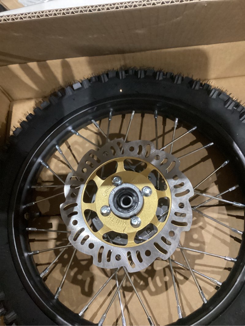 Condition photo showing As Is for RedCap 14" 60/100-14 Front Rim Wheel Tire included Disk Brake For Apollo SSR TaoTao 90cc 110cc 125cc X-Pro Kayo XR CRF KLX110 KX60 DRZ DS80 JR80 PW80 TTR90 YZ60 65SX Pit Dirt Bike (12mm ID, 32 Spokes)