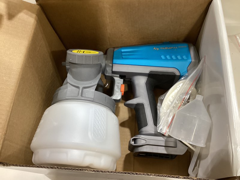 Condition photo showing As Is for tilswall brushless cordless paint sprayer shark700 compatible with dew 20v battery(battery not included), easy side-fill, electric hvlp spray paint gun for house painting, furniture, outdoor(1300 ml) 1300 ml blue