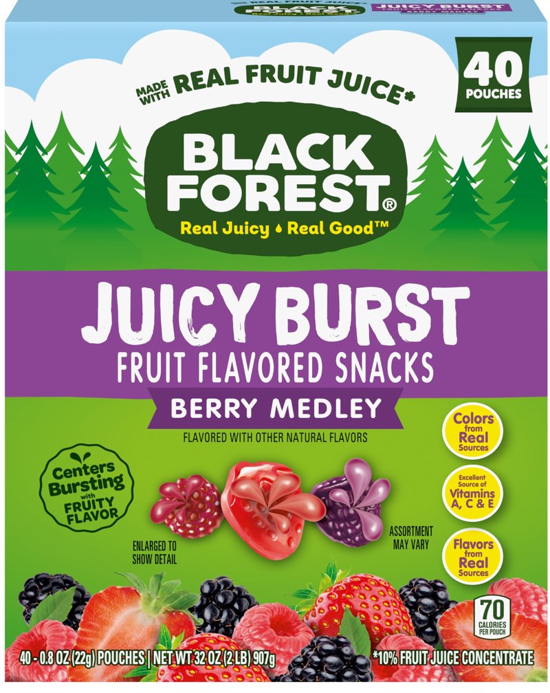 Black Forest Juicy Burst Fruit Snacks, Berry Medley, 0.8 Ounce Pouches (40 Count)((Best By Date/02/28/2024))