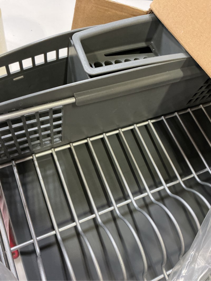 Condition photo showing New/Like New for kitchenaid large capacity full size rust resistant dish rack with angled drain board and removable flatware caddy, light grey gray full size