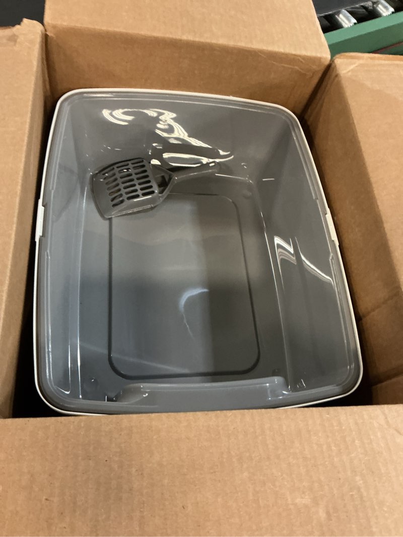 Condition photo showing Good Condition for amazon basics large cat litter box with high sides, open top for easy access, includes scoop with storage, 19" x 15" x 11.75", grey/beige grey/beige open top