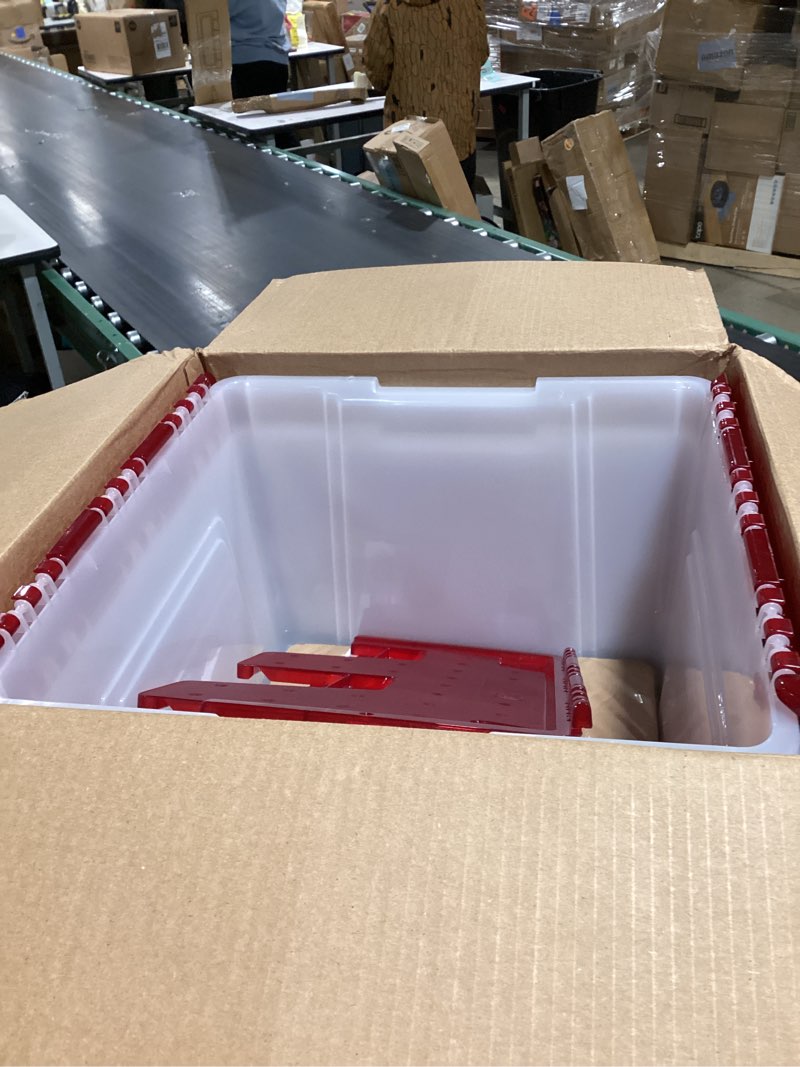 Condition photo showing Good Condition for IRIS USA Ornament Storage Box with Attached Lid, Stores 75 Ornaments per Bin, 2-Pack, Stackable Durable Christmas Storage Organization Container Bin for Holiday Decorations and Accessories, Clear/Red 60 Qt. - 2 Pack Winged Lid