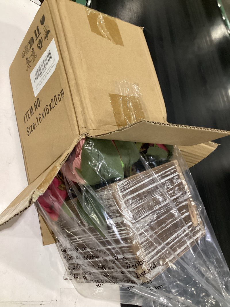 Condition photo showing Good Condition for flower arrangement with wooden vase 8" artificial flowers in pot - fake flowers roses peonies hydrangeas in wooden vase potted artificial flower centerpieces for table decor living room - hot pink 8"h hot pink