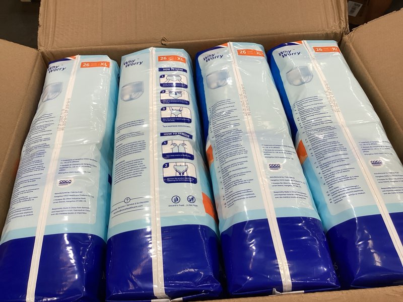 Condition photo showing New/Like New for whyworry incontinence underwear for women & men, disposable adult pull ups with maximum absorbency, adult diaper pants overnight, leakproof, unisex, xlarge, 104 count (4 packs of 26) x-large (104 count)