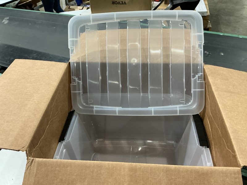 Condition photo showing Good Condition for iris usa 32 qt stackable plastic storage bins with lids, 4 pack - bpa-free, made in usa - see-through organizing solution, latches, durable nestable containers, secure pull handle - clear clear 32 qt 4 pack