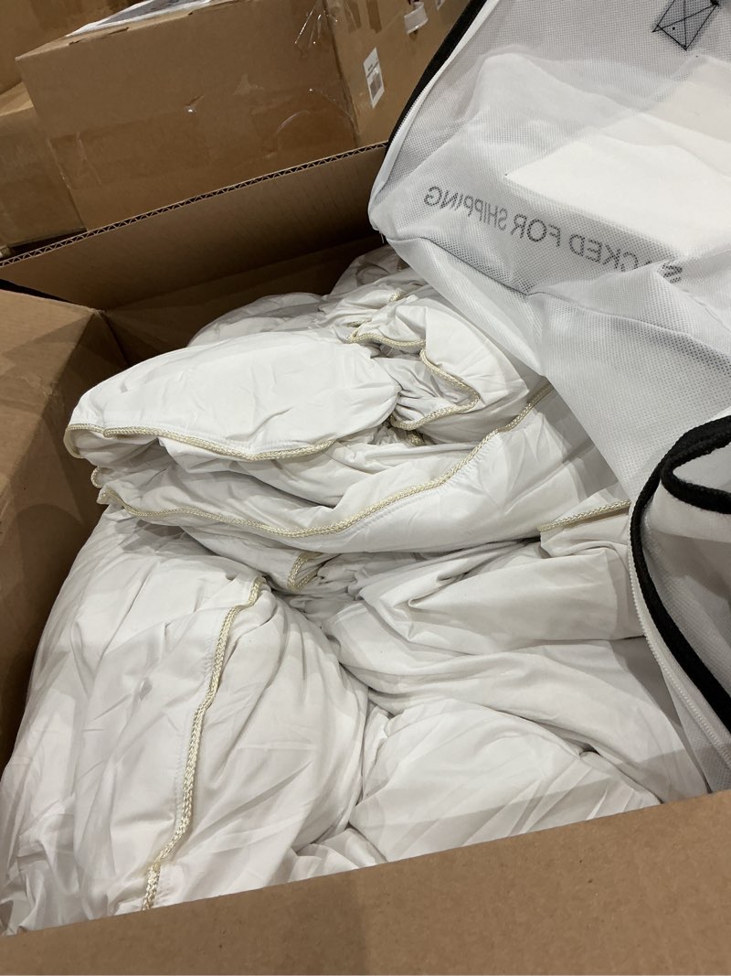Condition photo showing As Is for luxurious king/oversized king 108" x 98" size goose down fiber waterfowl feather fiber comforter duvet, 100% egyptian cotton cover, 65 oz. fill weight, baffle box design, white solid