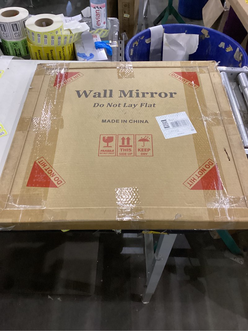 Condition photo showing New/Like New for Black Bathroom Mirror for Wall, 24 Inch Round Wavy Mirror with Wood Frame for Bathroom Bedroom Living Room or Entryway(24") Black 24"L x 24"W