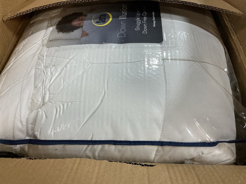 Condition photo showing New/Like New for serta down illusion soft hypoallergenic 2 inch pillowtop simple fit mattress topper, twin, white twin white