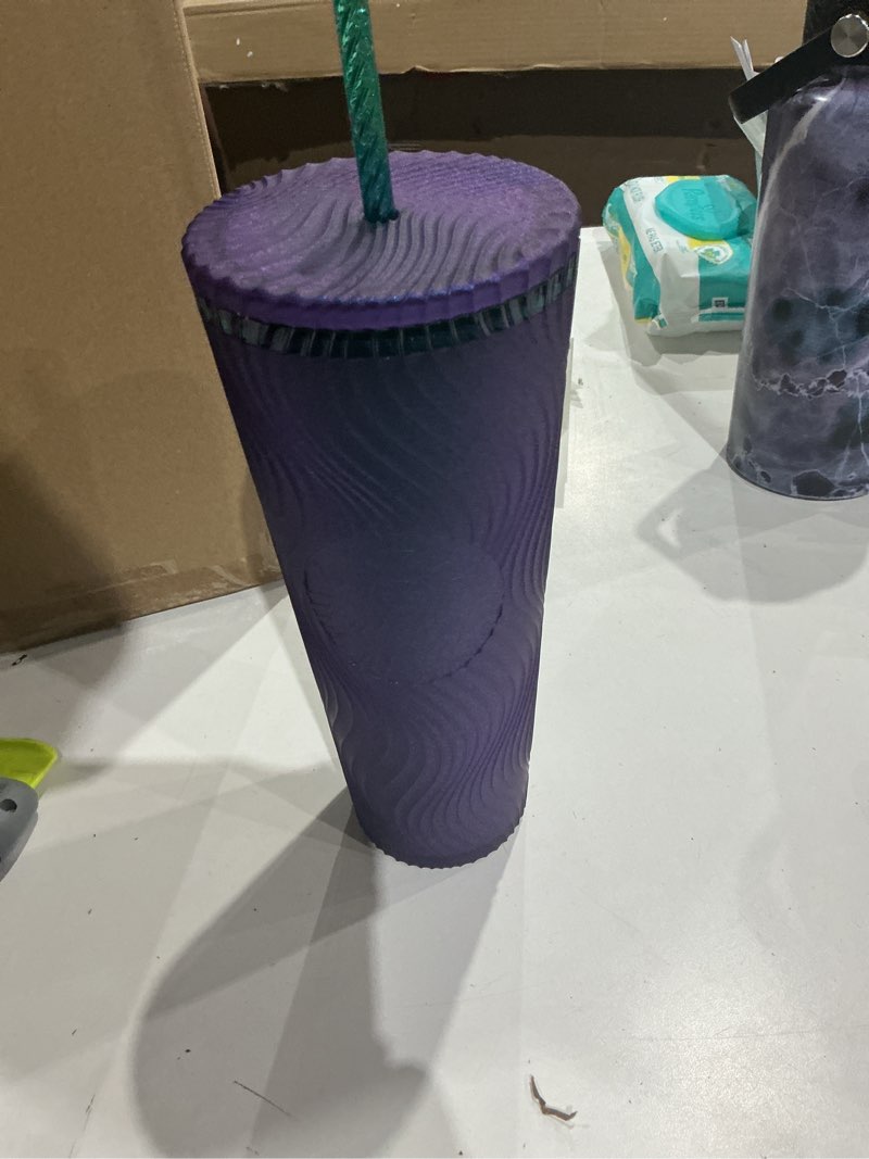 Condition photo showing New/Like New for (pack of 4 )starbucks wavy plastic cold cup, 24 oz, reusable tumbler with straw and lid, textured wave design, bpa-free, purple with embossed siren logo