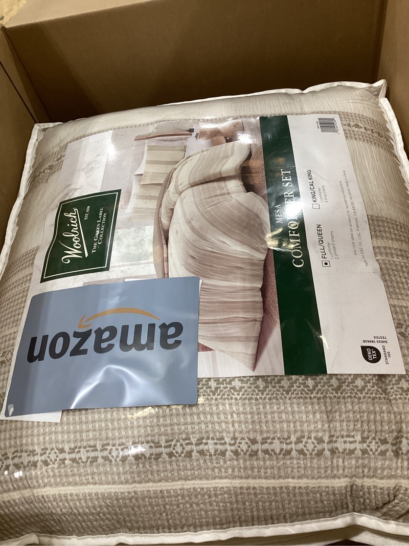 Condition photo showing As Is for Woolrich Queen Comforter Set Cotton Striped, Oversized Comforter, All Season Down Alternative Overfilled Queen Size Comforter, Mesa, Full/Queen Tan 3 Piece Tan Full/Queen