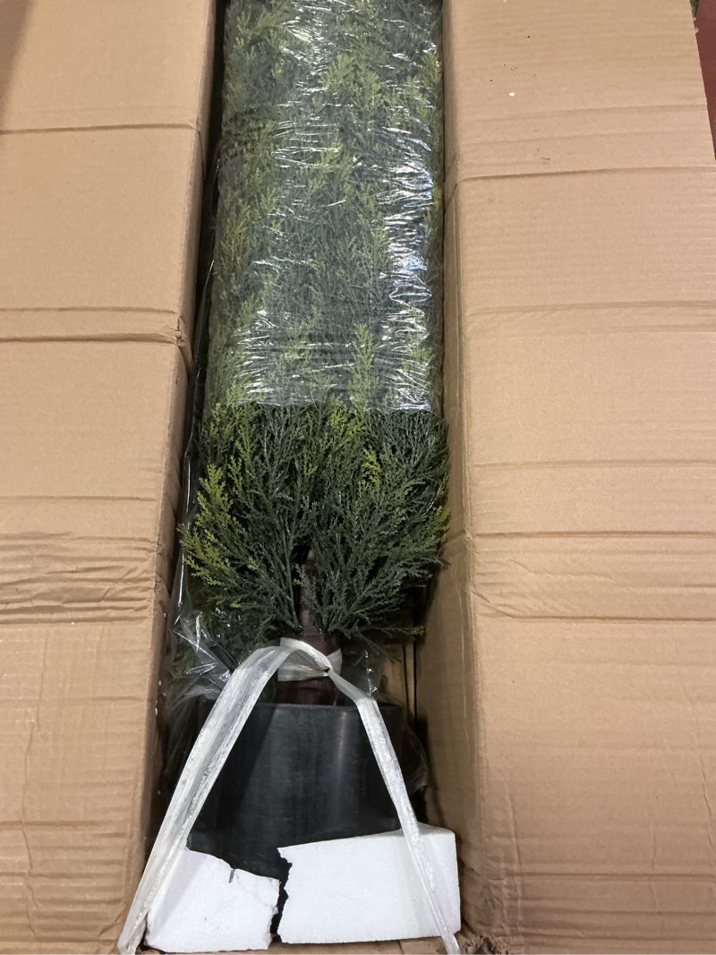 Condition photo showing Good Condition for 2 Pack 5ft Artificial Cedar Topiary Trees, Outdoor Artificial Plants for Front Porch Décor, Artificial Shrubs Fake Plants Uv Rated Potted Plants for Outdoor, Indoor, Front Door, Office