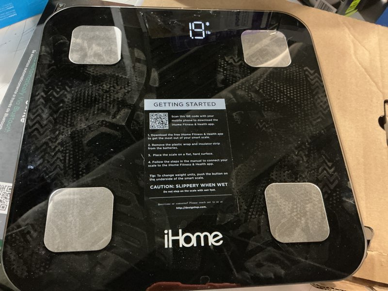 Condition photo showing As Is for ihome smart 14-in-1 digital battery powered body weight & bmi bathroom scale with bluetooth and fit+ personal coach app, fsa and hsa eligible, black, 397 lbs capacity