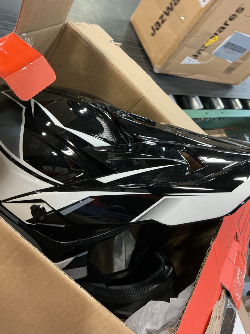 Condition photo showing As Is for Adult Motocross Dirt Bike Helmet with Goggle, Gloves & Mask - DOT/FMVSS-218 Off-Road Motorcycle & ATV Helmet with Adjustable Sun Visor Matte Black-188 X-Large