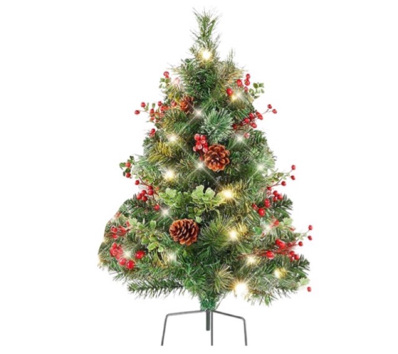 24‘’ Lighted Christmas Tree, Artificial Christmas Urn Filler Xmas Pine Trees with Cones, Tripod Stake and 60 LED Lights, Outdoor Light Up Planter Filler Holiday Home Decor (1 Pack)