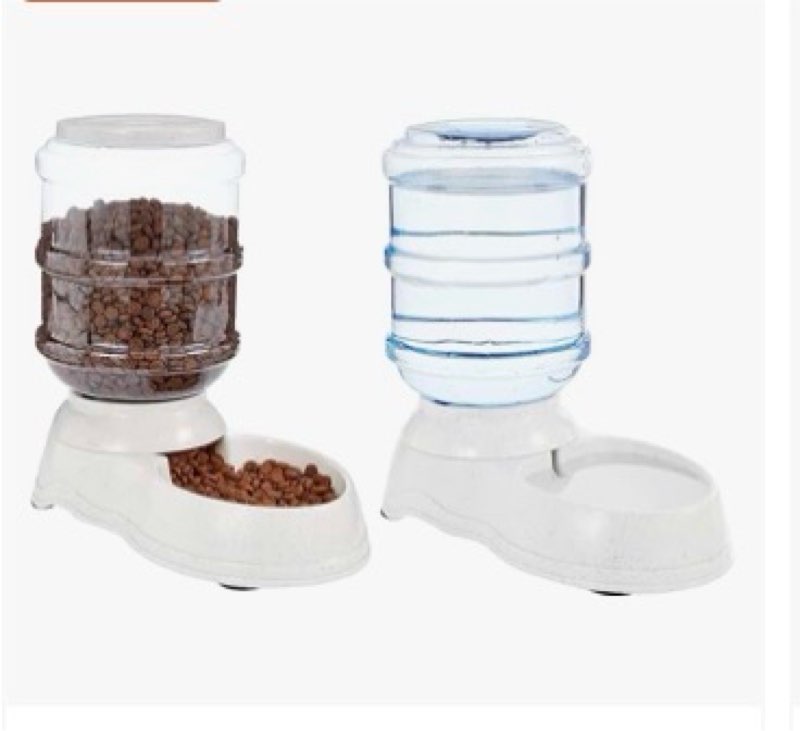 amazon basics automatic pet water dispenser and gravity food feeder set for cat and dog, easy to clean, 6-pound food capacity, 1-gallon, small, gray, pack of 2 waterer + feeder small