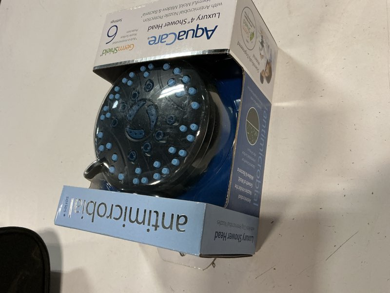 Condition photo showing Good Condition for aquacare 6-settings matte black 4.6-in round fixed rain shower head 2.5 gpm
