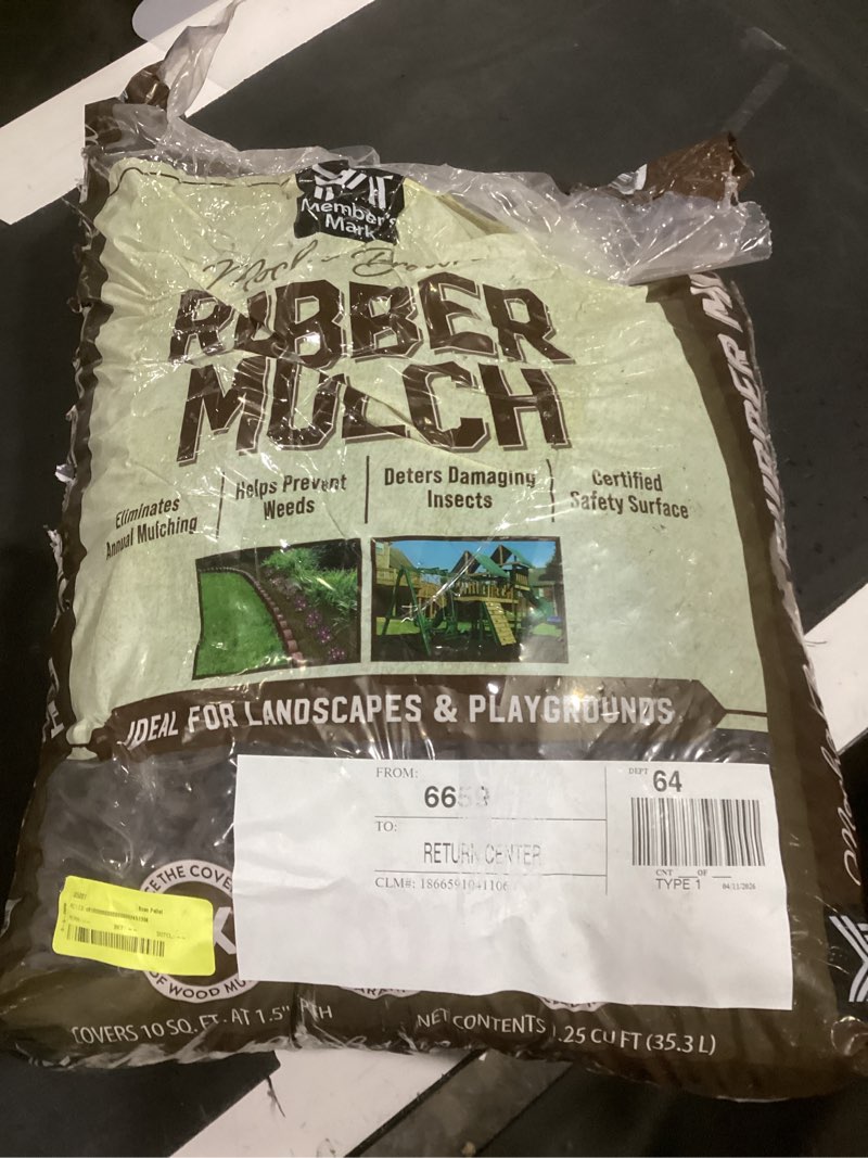 Condition photo showing As Is for member's mark brown rubber mulch, 1.25 cu. ft.
