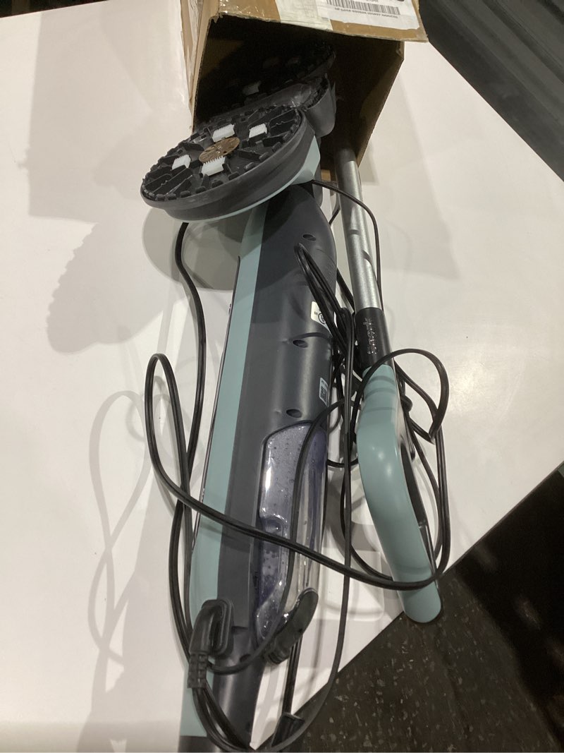 Condition photo showing As Is for shark steam & scrub steam mop, all-in-one scrubbing and sanitizing hard floor cleaner, led headlights, 4 dirt grip soft scrub pads included, xl water tank, swivel steering, hawaiian grey, s8001 steam & scrub, similar to stock photo, not tested, used