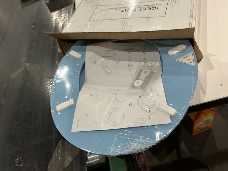 Condition photo showing New/Like New for blue round toilet seat natural wood toilet seat with zinc alloy hinges, easy to install also easy to clean, scratch resistant toilet seat by angol shiold (round, blue) round blue