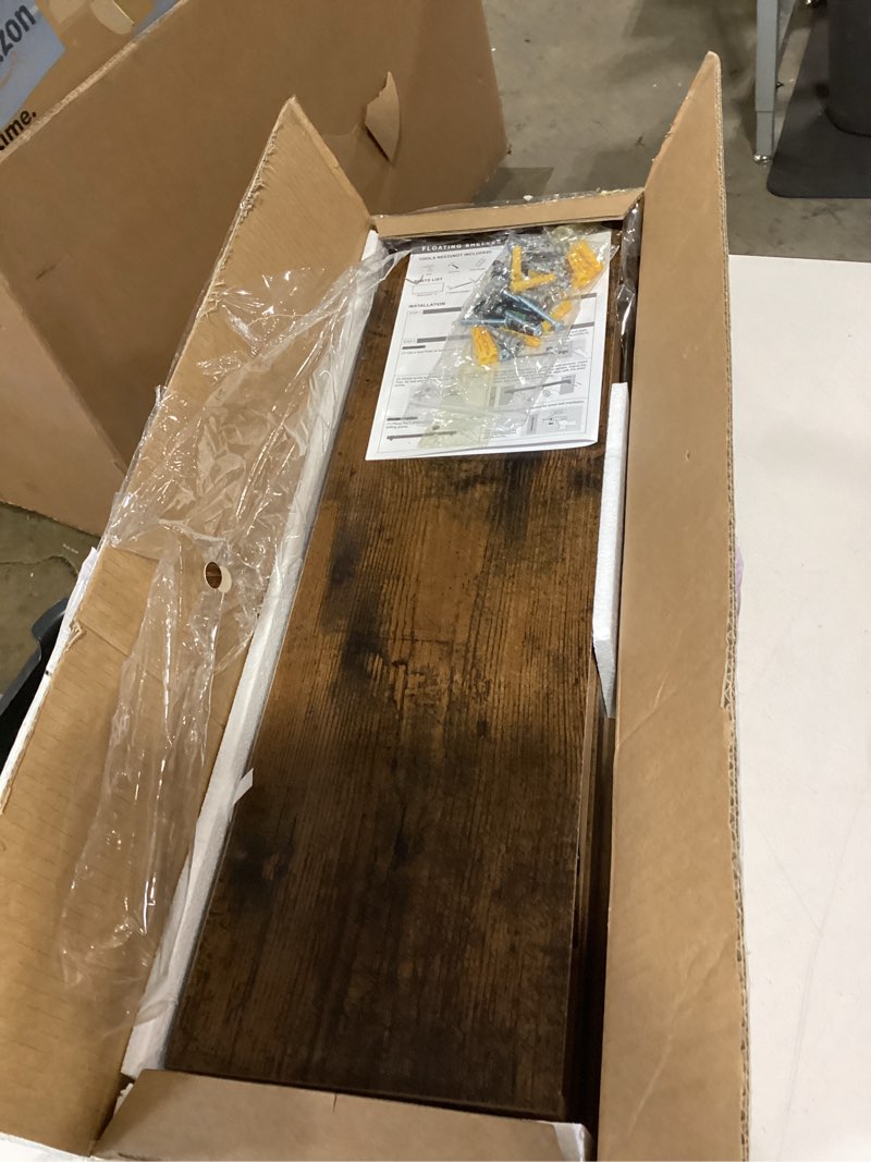 Condition photo showing As Is for bayka floating shelves set of 2, 22.5 inches farmhouse rustic wood wall mounted shelves for bathroom, bedroom, living room or kitchen, hanging shelf decor book with 22lbs capacity, rustic brown b. rustic brown - americana farmhouse style 22.5inches