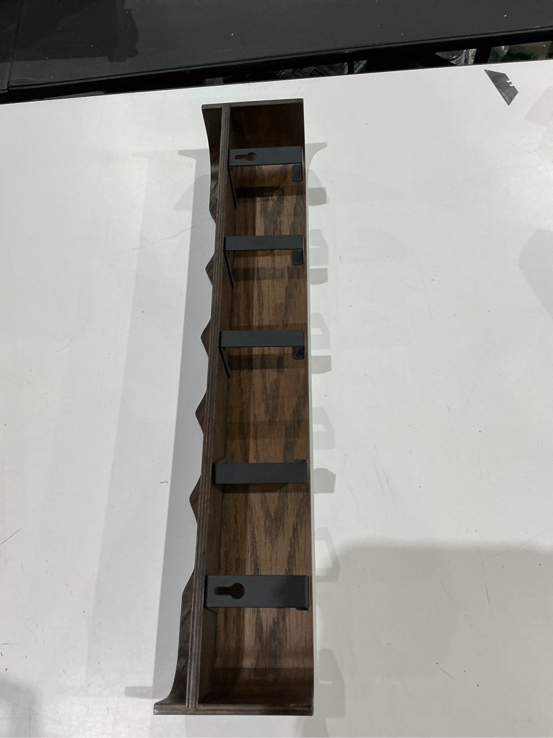 Condition photo showing Good Condition for wall mounted coat rack with shelf, wooden entryway organizer with hidden metal hooks for hanging coats bags keys, modern floating shelf for hallway bathroom walnut wavy 5 hooks