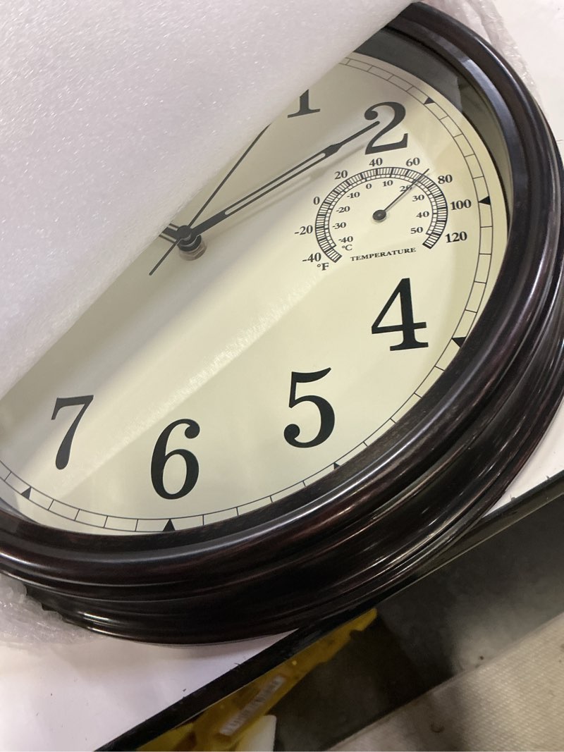 Condition photo showing New/Like New for 14 inch outdoor wall clock, plastic waterproof wall clock with temperature, water resistant outdoor clocks for patio garden brown 14 inch