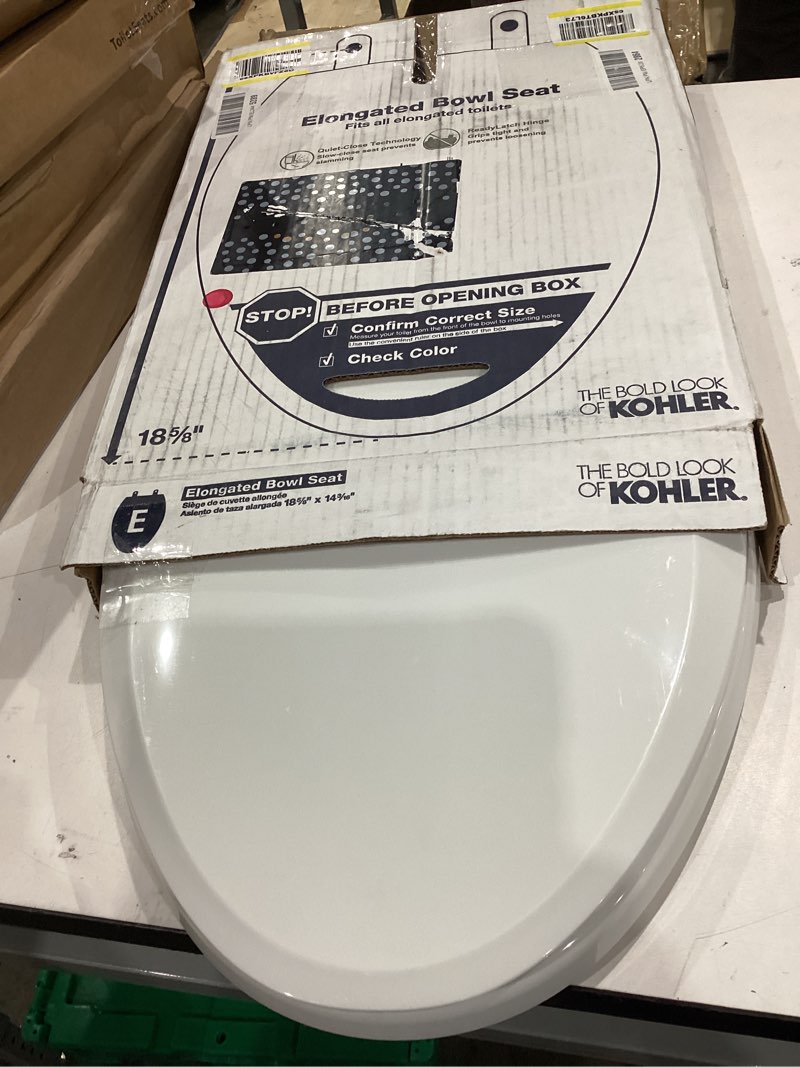 Condition photo showing Good Condition for kohler 4636-rl-0 cachet readylatch elongated slow close toilet seat, soft close toilet seat quiet lid, contoured grip-tight bumpers installation hardware, apartment essentials, white white elongated ready latch