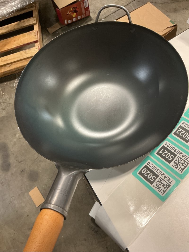Condition photo showing As Is for YOSUKATA 13.5” Blue Carbon Steel Wok Pan – Pre-Seasoned Flat Bottom Wok Compatible with open fire, gas, electric, ceramic, induction cooktops -Traditional Chinese Pan for Stir Fry, BBQ, Grill, Camping 13.5\" Blue