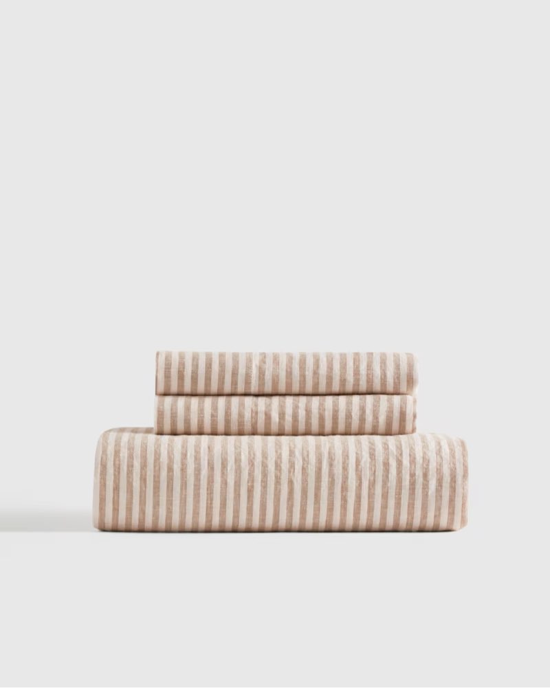 european linen fitted sheet set queen white/latte stripe
