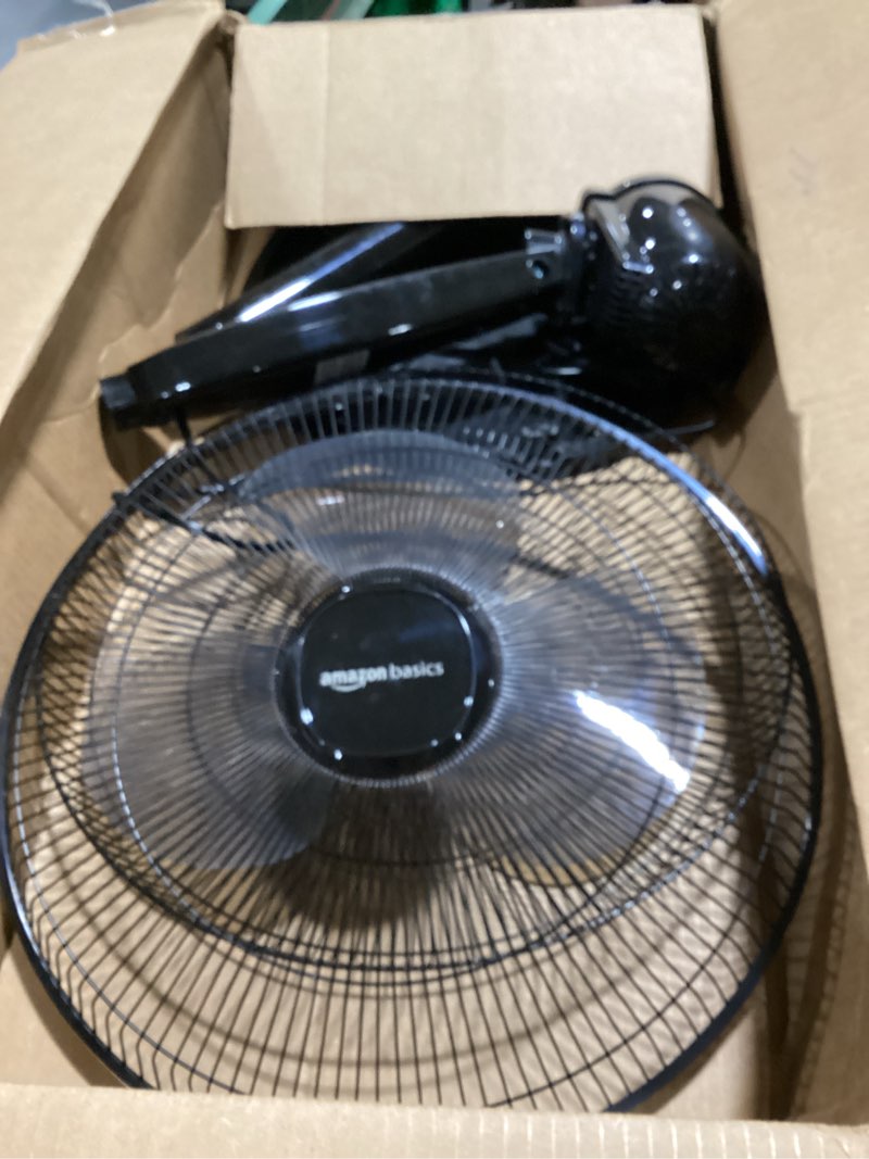 Condition photo showing As Is for amazon basics 16" pedestal fan with remote for bedroom, living room, office, adjustable height, dual-layered blades, 3 speeds, 3 modes, timer, tilt head, 60w, black 3-speed, ac motor