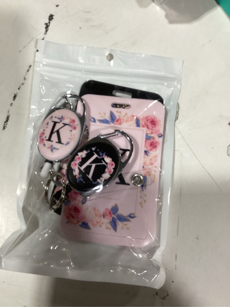 Condition photo showing New/Like New for soleebee 2 pack a-z letter id badge holder with retractable reel, cute black pink id badges, durable keychain, heavy duty badge reel for nurse student teacher office staff k