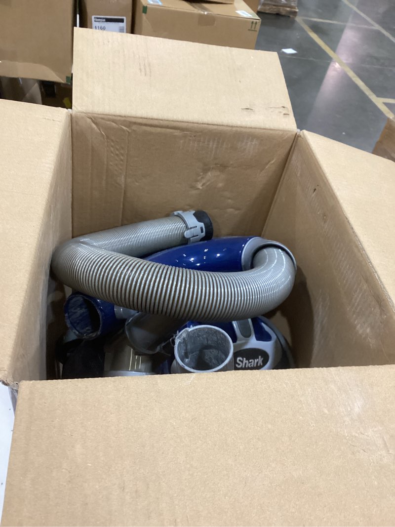 Condition photo showing As Is for shark upright vacuum, navigator lift-away deluxe with large dust cup capacity, hepa filter, swivel steering, upholstery tool & crevice tool, blue, nv360