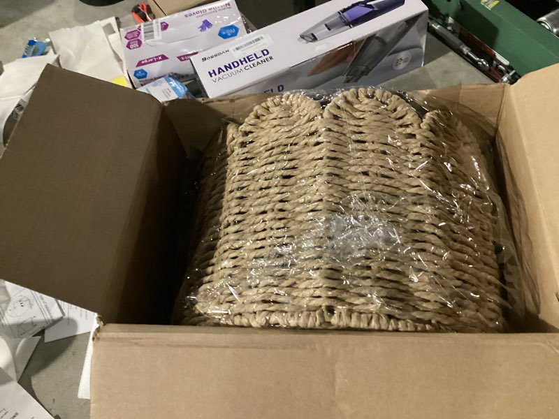Condition photo showing Good Condition for 2 Pcs Scalloped Wall Basket Set, 16 x 10 x 7 Inch & 14 x 8 x 6 Inch, Yellow, Imitation Hemp Rope, Rectangular, No Lid