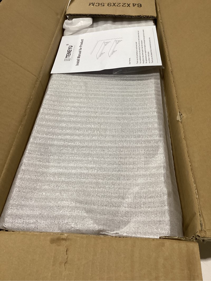 Condition photo showing New/Like New for Solid Wood Floating Shelves for Wall with Metal Brackets,2 Tier 24 inch Pinewood Wall Shelf,Suitable for Multiple Places Such As Bedrooms,Kitchens,and Living Rooms(Walnut Finish) 24"W×7.9"D(Set of 2) Walnut