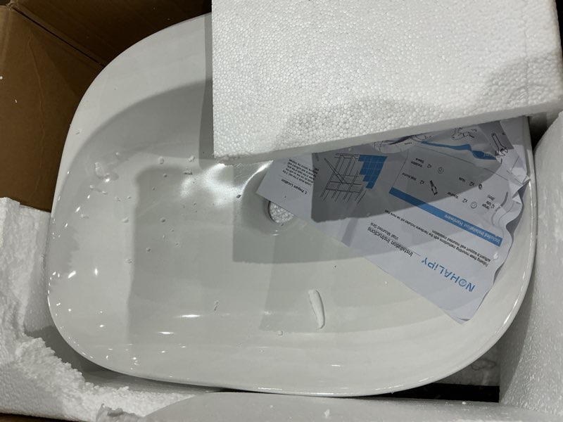 Condition photo showing Good Condition for modern small wall mounted bathroom sink, 20.5x15 inch white oval hanging bathroom vessel sink, arc-edge ceramic corner wall mount sinks for bath shower room rvs