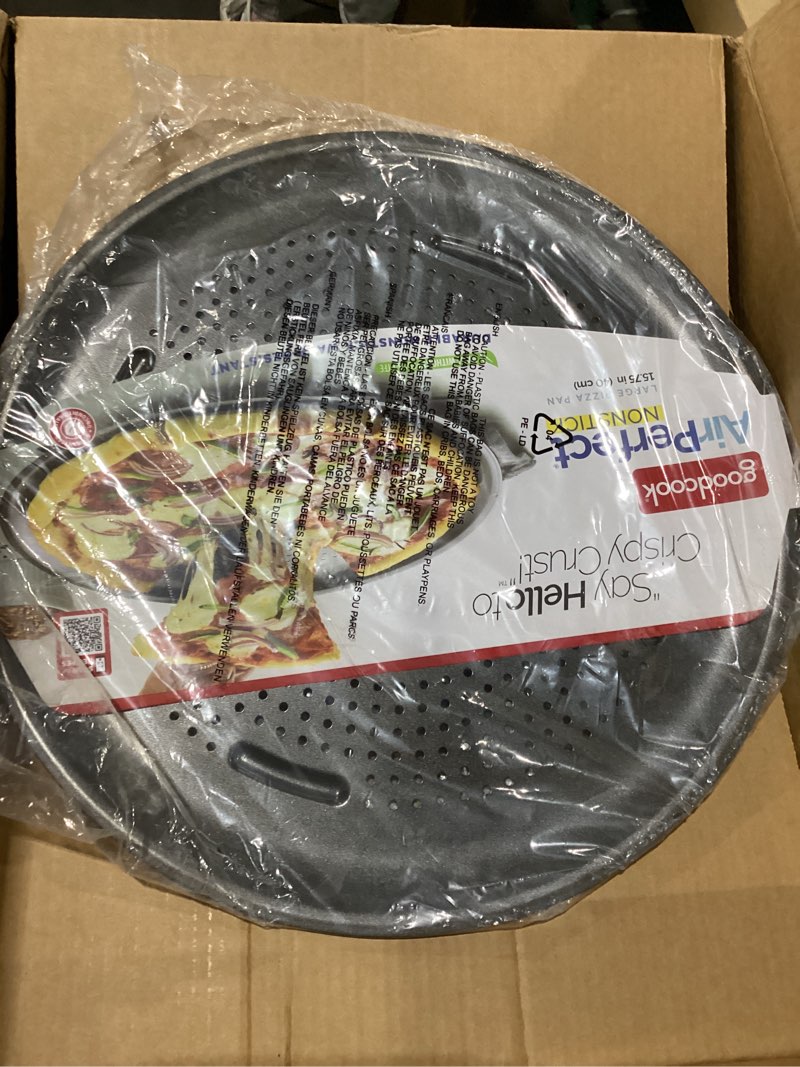 Condition photo showing New/Like New for GoodCook AirPerfect Insulated Nonstick Carbon Steel Pizza Pan with Cutting Guides, Perforated Nonstick Pizza Pan, 15.75-Inch, Gray Gray 16-Inch