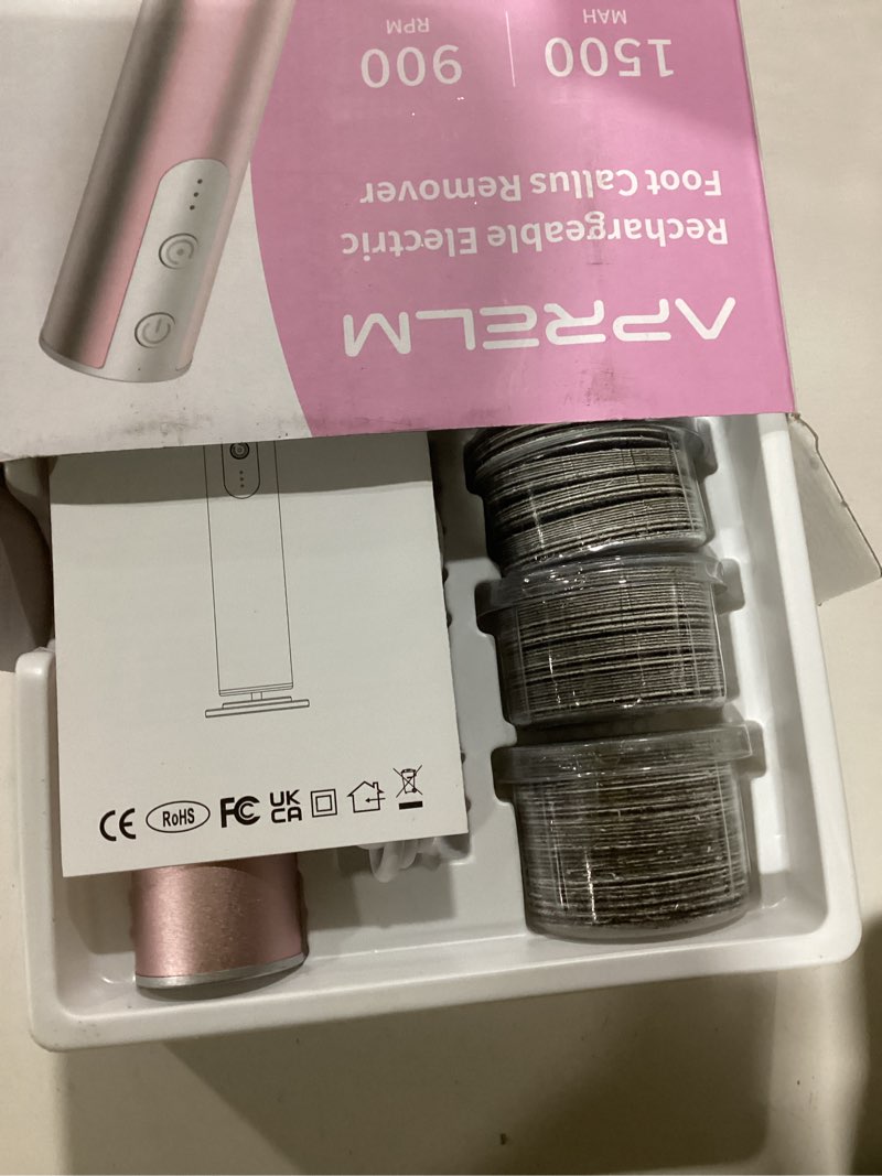 Condition photo showing New/Like New for Rechargeable Electric Foot Callus Remover with 3-Sizes 120Pcs Sandpaper Discs, Professional 900RPM 3-Speed Control Aluminum Electric Foot File (E3 Rose Pink) Pink-recharge