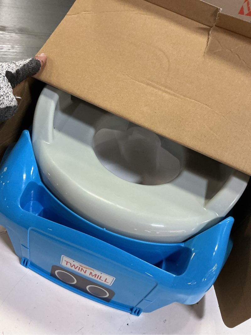 Condition photo showing As Is for hot wheels blue race car potty training toilet, includes detachable seat, toddlers ages 12+ months