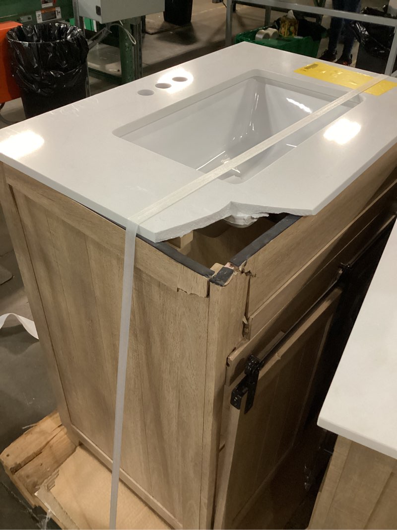 Condition photo showing As Is for single bathroom vanity sink with sliding barn door & 3 drawers
