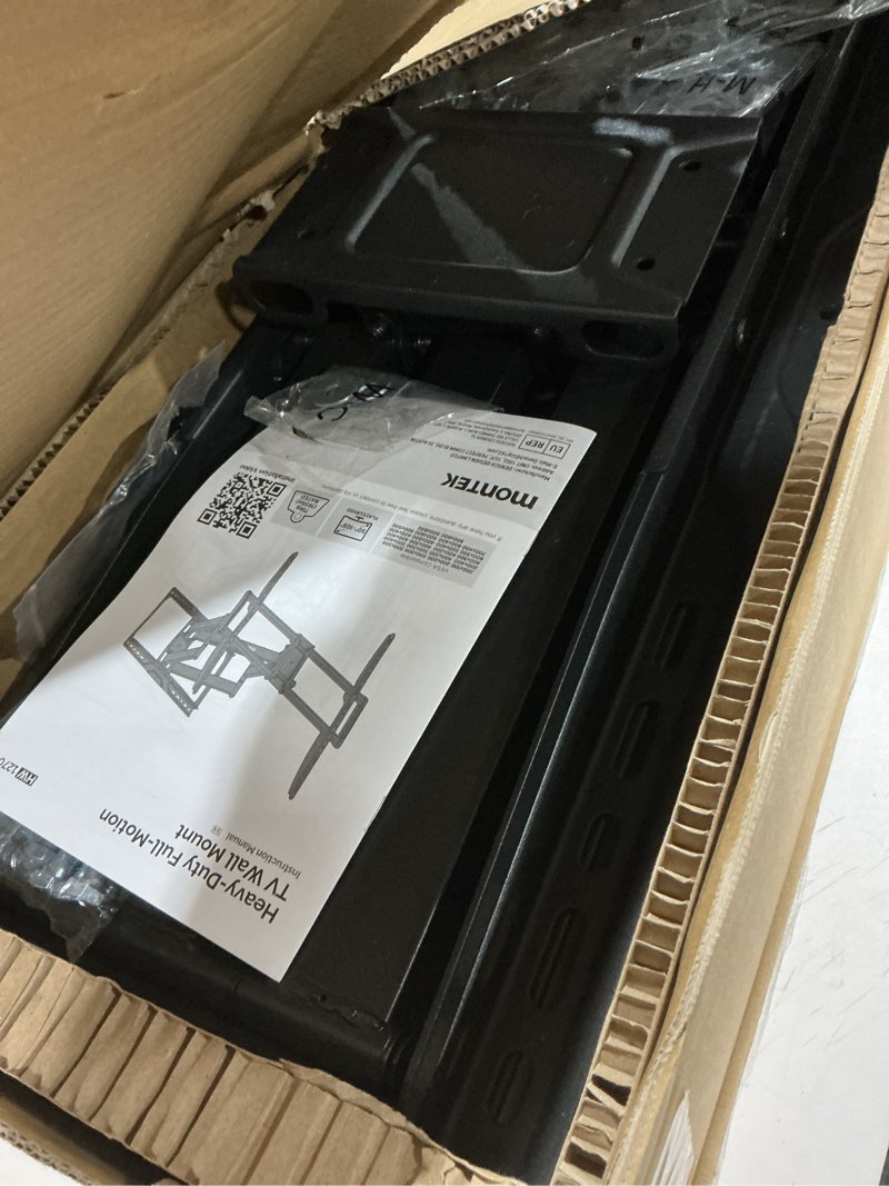 Condition photo showing As Is for monTEK Heavy-Duty Full Motion TV Wall Mount Bracket for 50–100? TVs up to 200 lbs – 4X Load Tested, Dual Arm Extension to 25.1?, Tool-Free Tilt/Swivel/Level, Max VESA 900×600, Fits 12/16/18/24" Studs