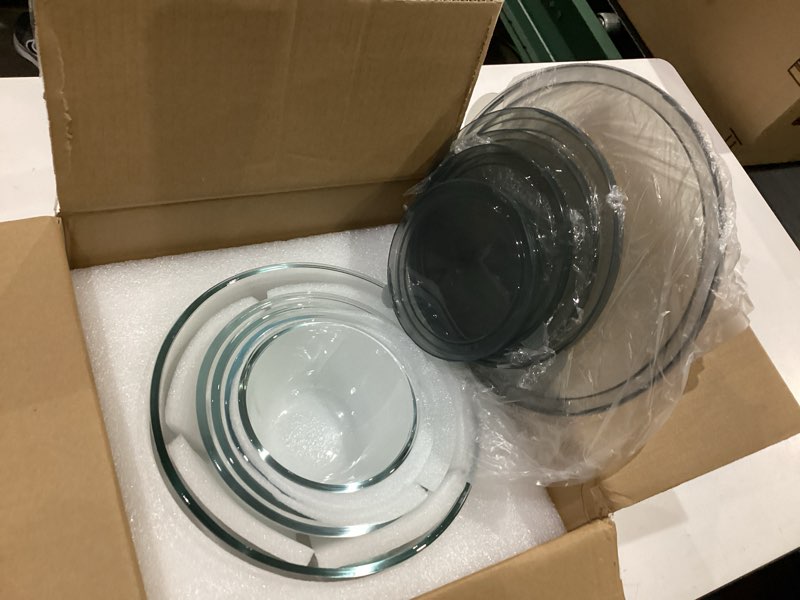 Condition photo showing Good Condition for glass mixing bowls with lids set of 5(4.78qt,2.2qt,1.7qt,1.1qt,0.85qt),thick glass nesting bowls for kitchen baking,cooking prep,storage,serving,large salad bowls,dishwasher microwave freezer safe transparent