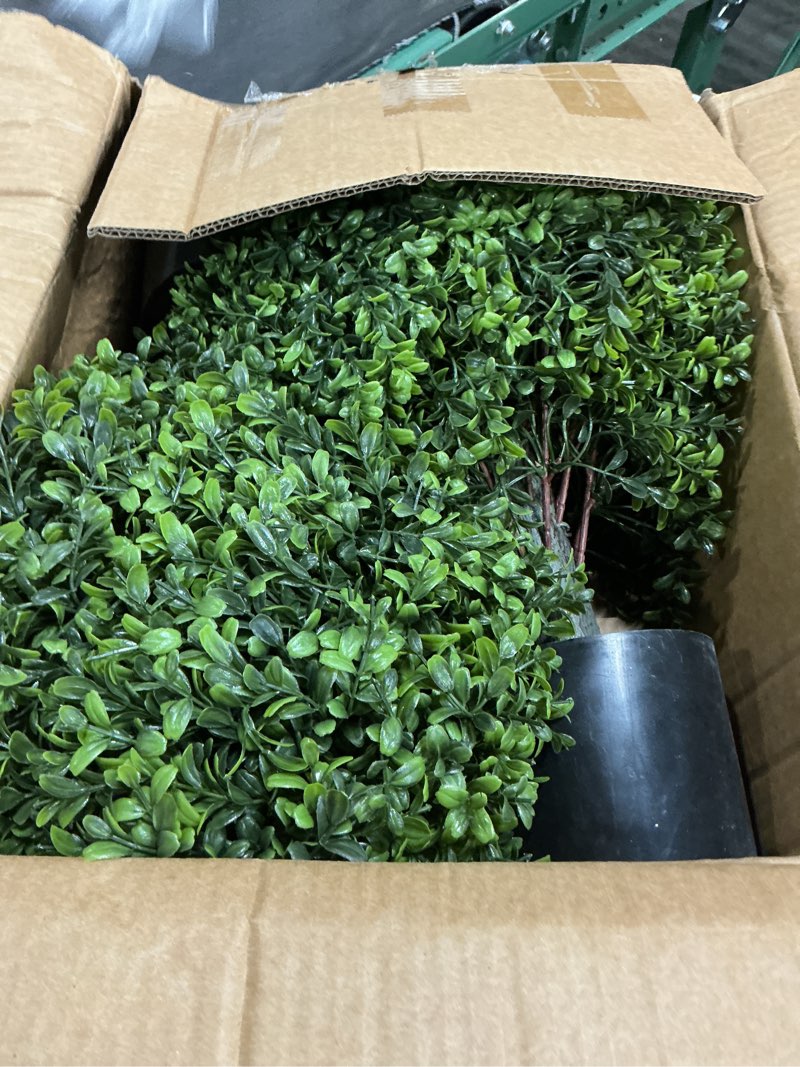 Condition photo showing Good Condition for dreamloom boxwood topiary trees artificial outdoor ball in planter, 20in outdoor indoor realistic fake plants shrubs for front porch decor, faux bushes plants for home front door offices, set of 2 boxwood 2-pack