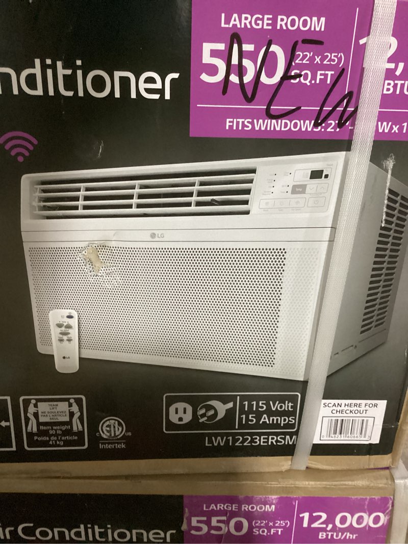 Condition photo showing New/Like New for lg 12,000 btu 115v window air conditioner cools 550 sq. ft. with wi-fi, and remote in white