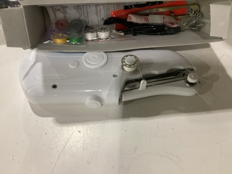 Condition photo showing As Is for portable handheld sewing machine for adults mini hand held stitching small electric for beginners suitable hemming quick fabric home travel clothes pants diy various fabrics (white) style a (white)