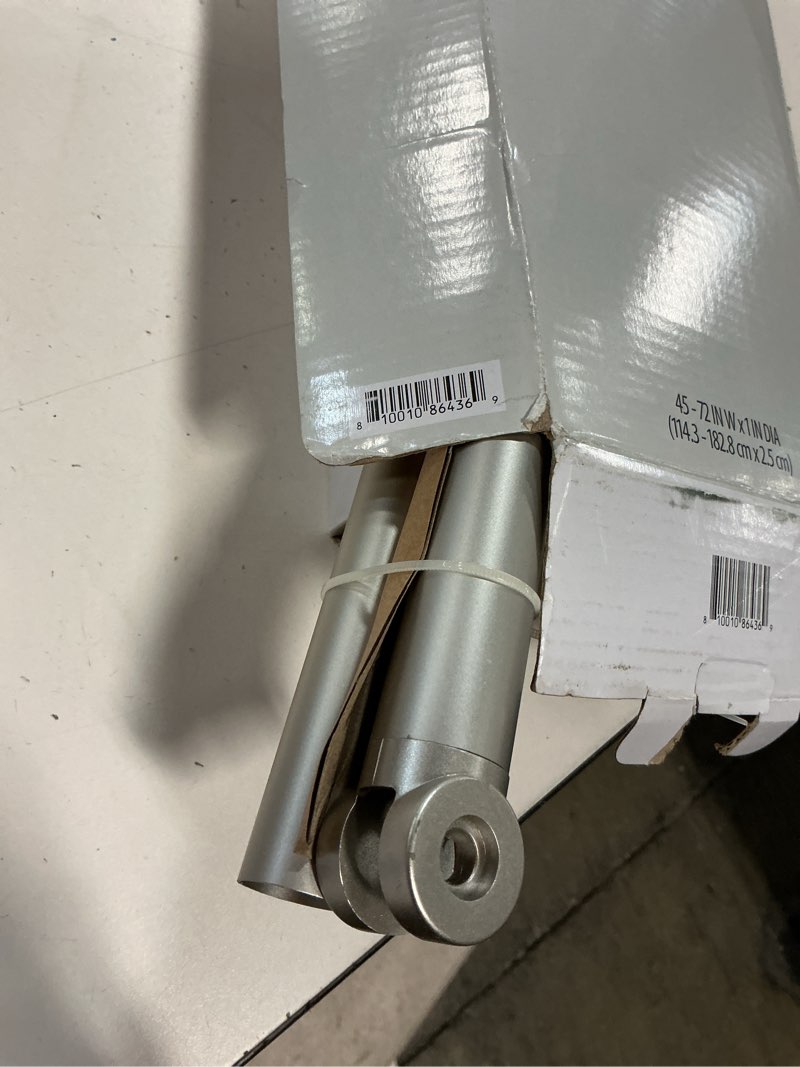 Condition photo showing As Is for better homes & gardens 45" -to 72" adjustable rotating rust-proof curved shower rod, satin nickel