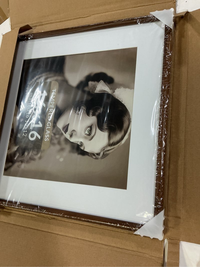 Condition photo showing New/Like New for fun memories 16x16 picture frame with hd tempered glass, usa-sourced walnut wood photo frame matted to 12x12, rounded corner 16 x 16 square wooden frames, gallery wall frames for posters & art prints usa-sourced walnut wood 16x16-1p | hd tempered glass